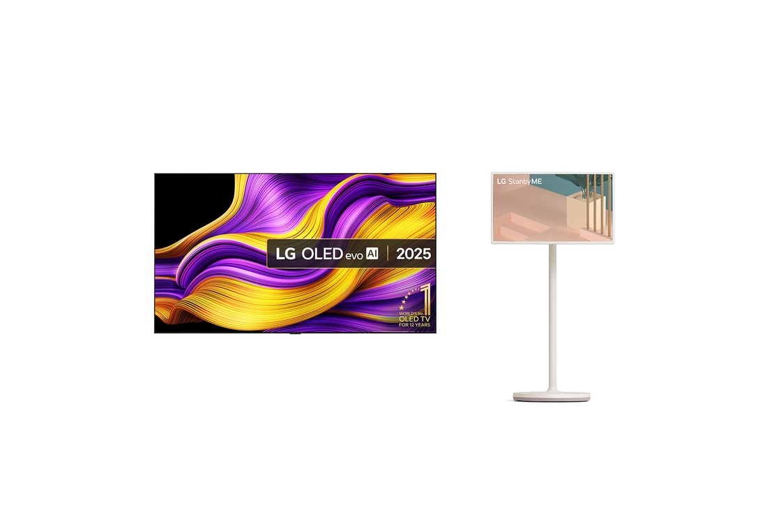 Front view of LG OLED evo AI G5 4K Smart TV. 12 Years of world number 1 OLED emblem and LG OLED evo AI 2025 logo are on the screen.