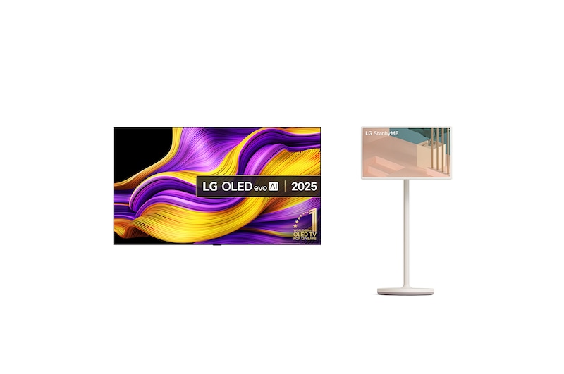 Front view of 83 inch LG OLED evo AI G5 4K Smart TV 2025 - Wall mount version and 27ART StanbyME OLED83G54LW-27ART