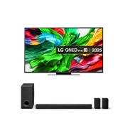 Front view of 65QNED87A6B TV and US80TR Soundbar