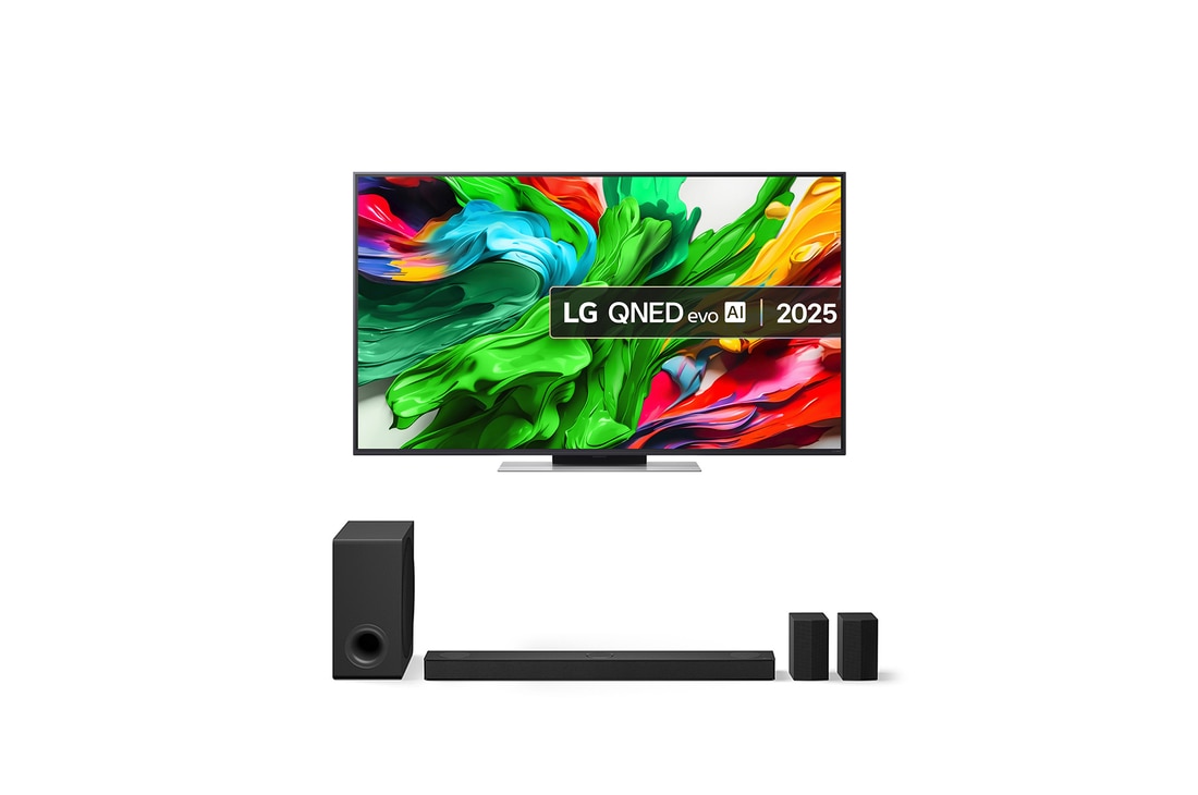 Front view of 65QNED87A6B TV and US80TR Soundbar