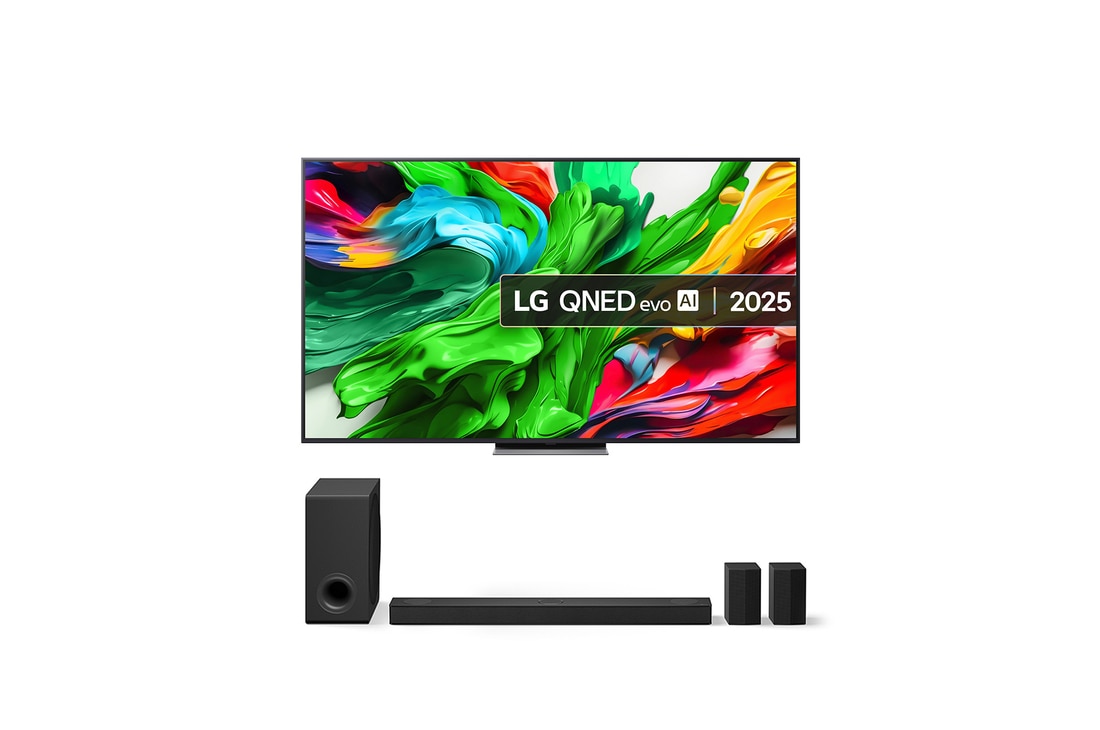 Front view of 75QNED87A6B TV and US80TR Soundbar