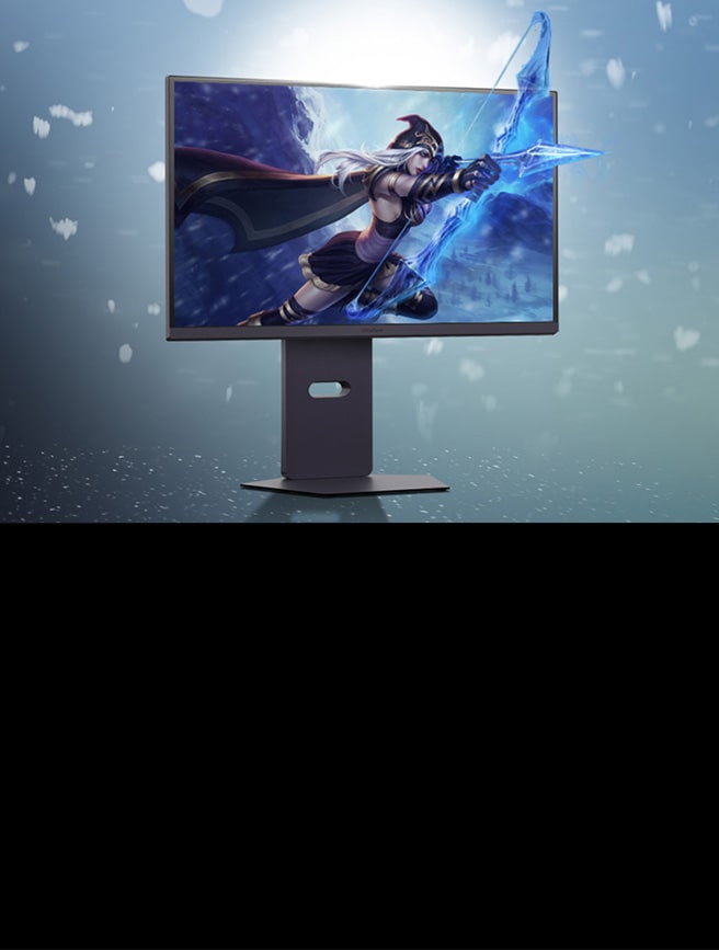 An archer escapes the UltraGear Monitor in a blue glow
