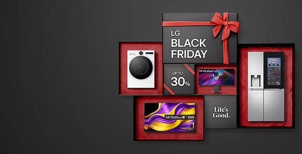 LG Products in a Black Friday setting, with a red ribbon and a black background