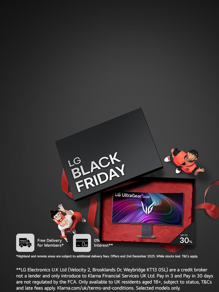 LG products and boxes stacked on top of each-other with Black Friday written on front of box