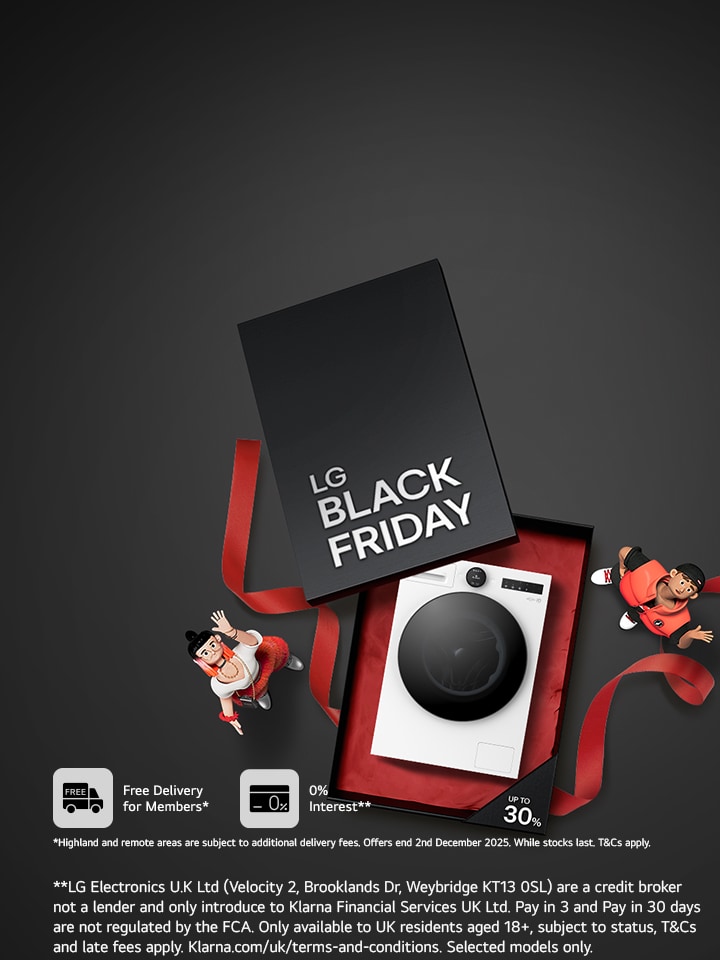 LG products and boxes stacked on top of each-other with Black Friday written on front of box