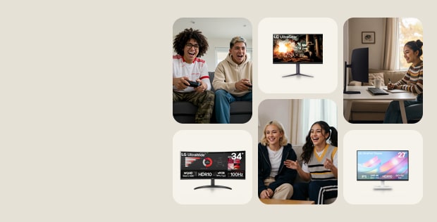 LG monitors are in 3 boxes, students are in the other 3 boxes, beige background