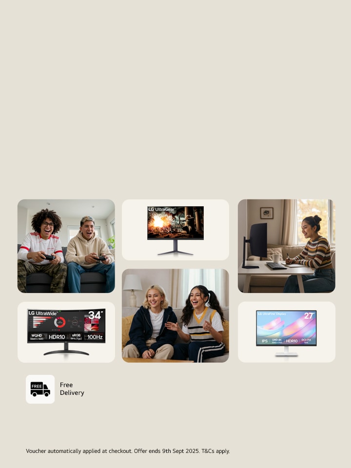 LG monitors in separate boxes, with students using tech in others, with a beige background