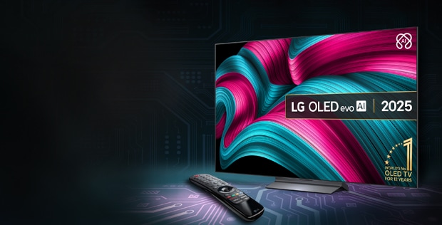 LG OLED TV with colourful screen fill and LG remote controller on the surface