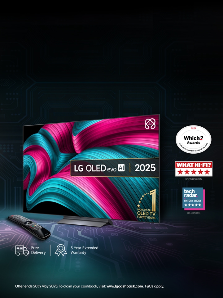 LG 2025 OLED TV Sits in a dark room with vibrant colours on the screen
