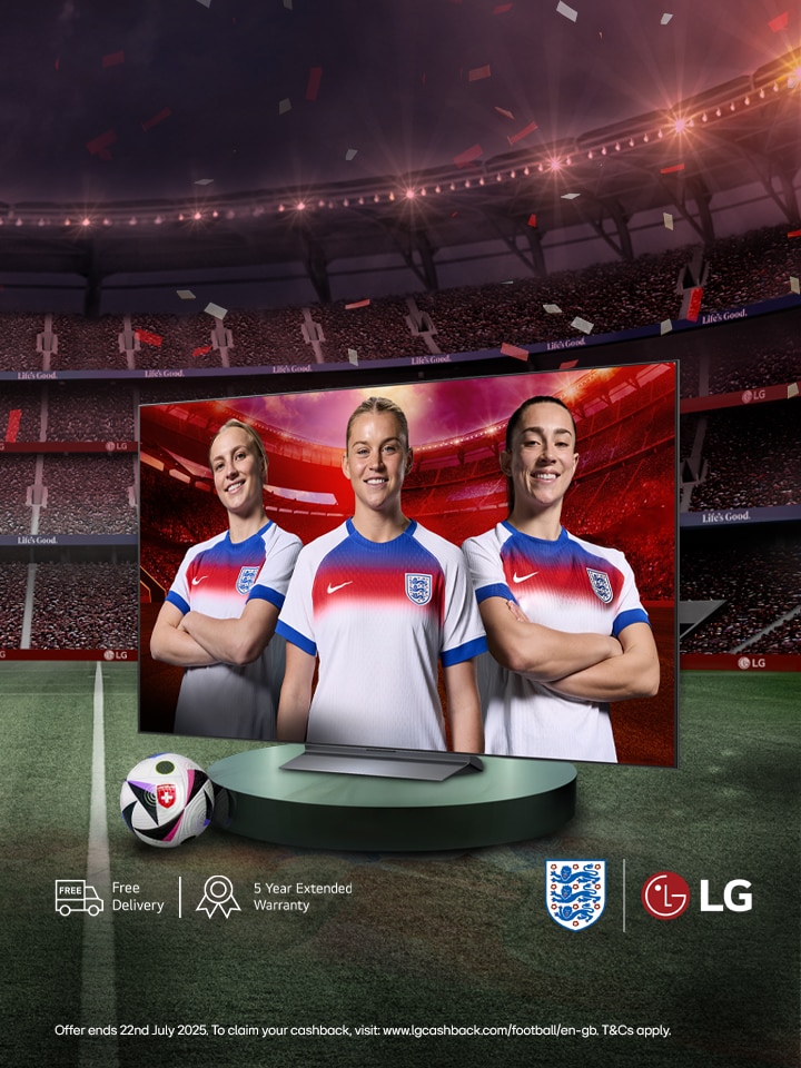 LG oled tv with a womens' euro screenfill featuring 3 female players and a £500 cashback message written to the left of the image.