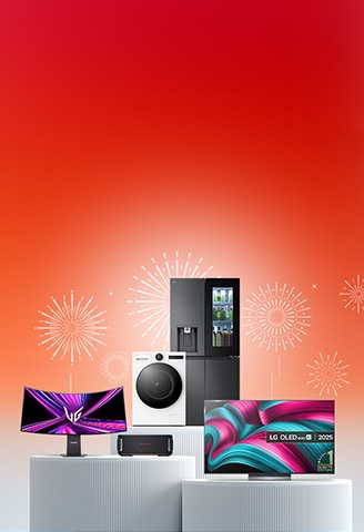 LG products on podiums with a red background and small fireworks