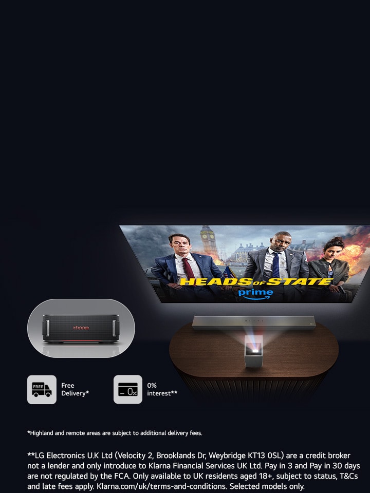 LG Cinebeam S Projecting on a wall, with 2 LG xboom speakers