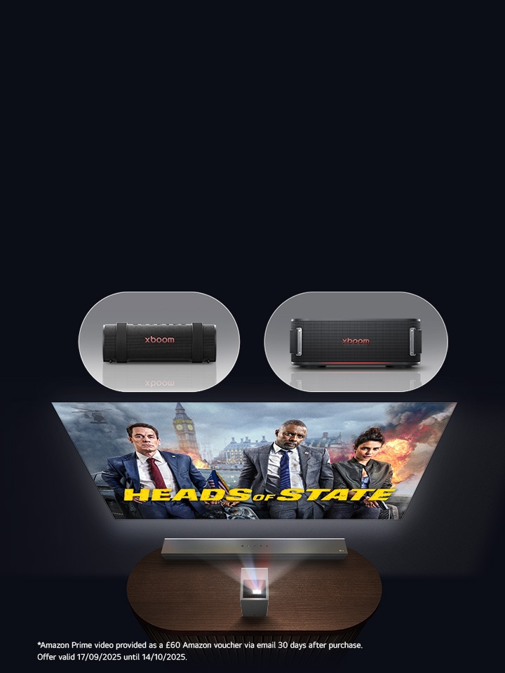 LG Cinebeam S Projecting on a wall, with 2 LG xboom speakers