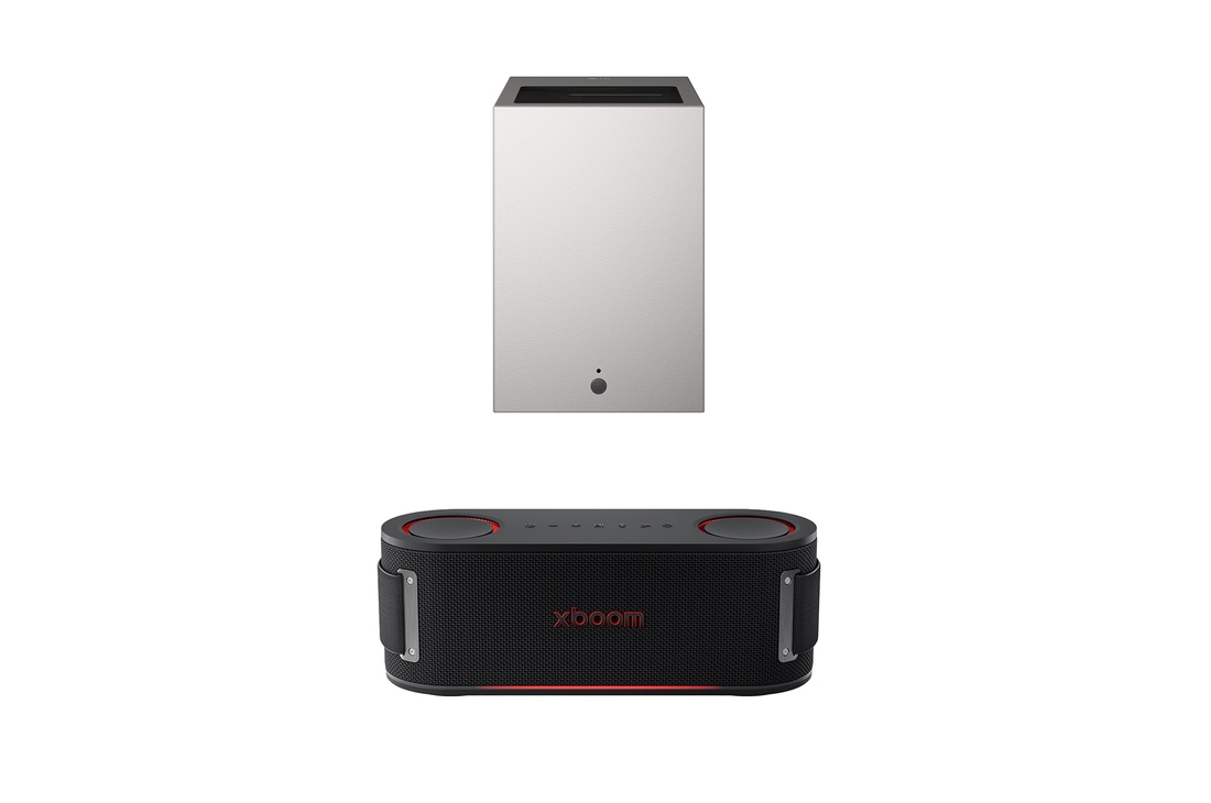 Front view of LG CineBeam S Mini UST Projector, 4K UHD, 3-ch RGB Laser, 450,000:1 Contrast, Max. 100" screen size, White - PU615U