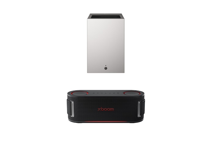 Front view of LG CineBeam S Mini UST Projector, 4K UHD, 3-ch RGB Laser, 450,000:1 Contrast, Max. 100" screen size, White - PU615U