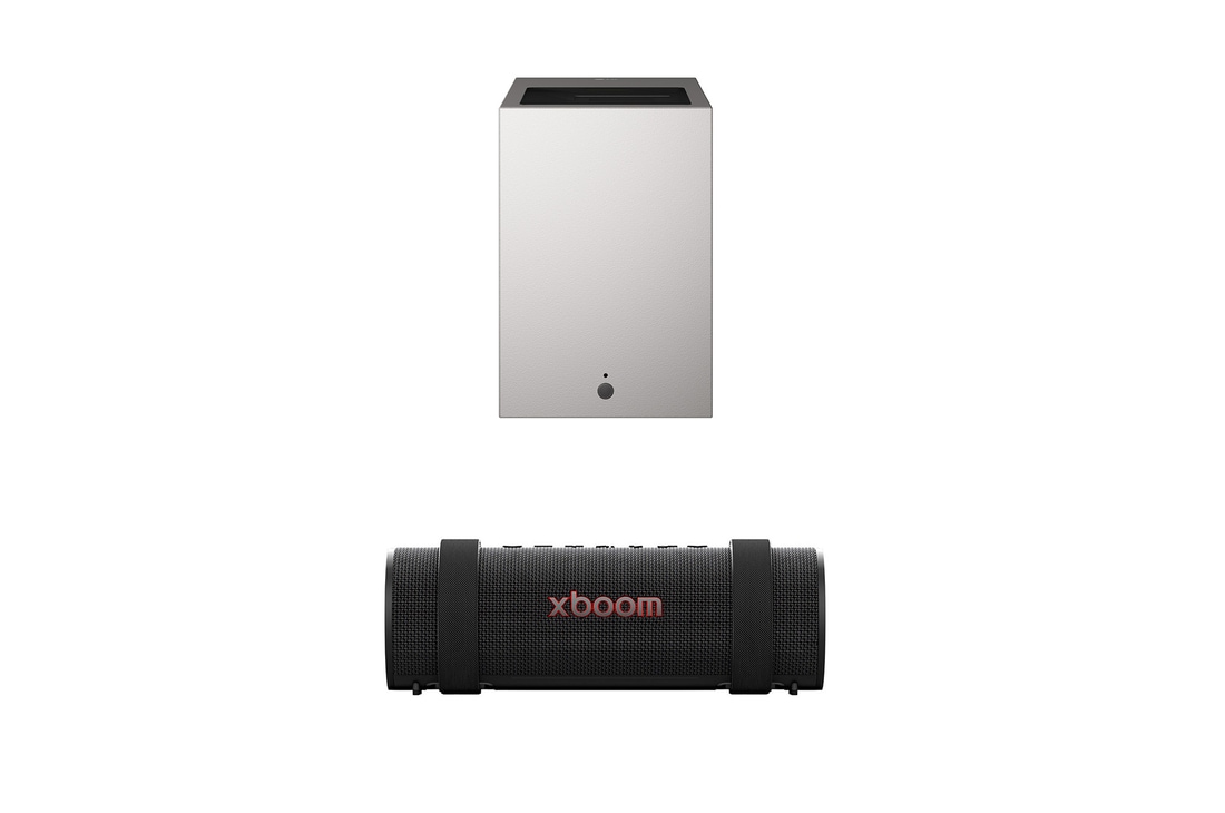 Front view of LG CineBeam S Mini UST Projector, 4K UHD, 3-ch RGB Laser, 450,000:1 Contrast, Max. 100" screen size, White - PU615U