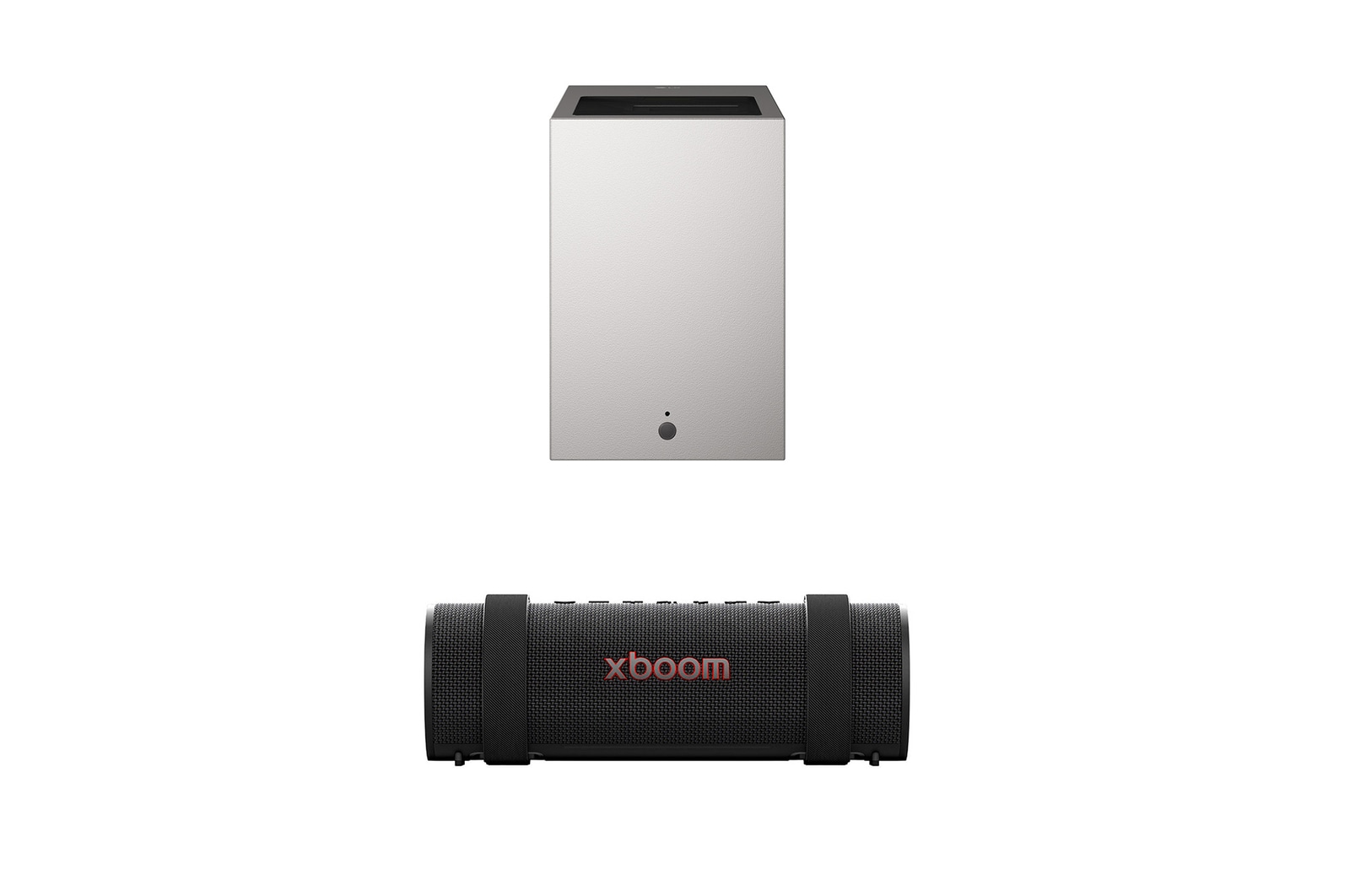 Front view of LG CineBeam S Mini UST Projector, 4K UHD, 3-ch RGB Laser, 450,000:1 Contrast, Max. 100" screen size, White - PU615U