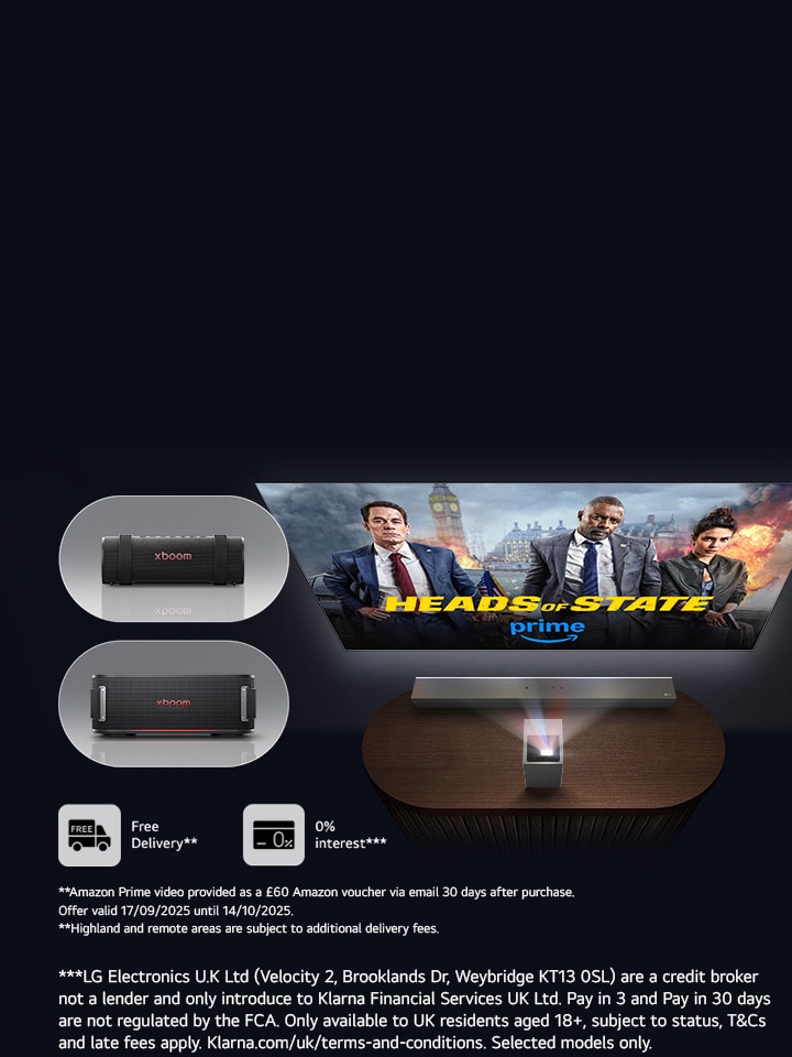 LG Cinebeam S Projecting on a wall, with 2 LG xboom speakers
