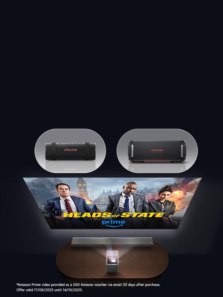 LG Cinebeam S Projecting on a wall, with 2 LG xboom speakers