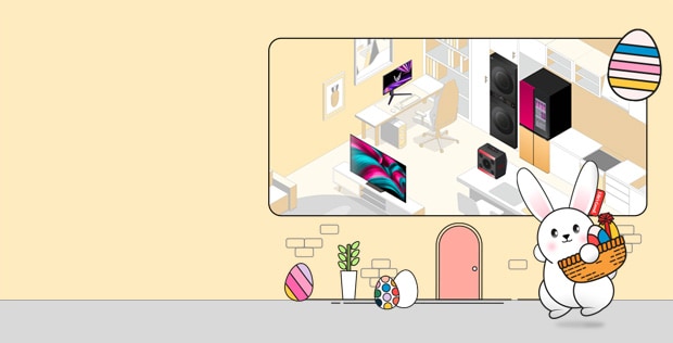 Easter savings - Easter bunny with a basket full of eggs, in front of LG products