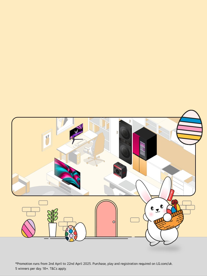 An Easter bunny runs in front of a living space filled with LG products