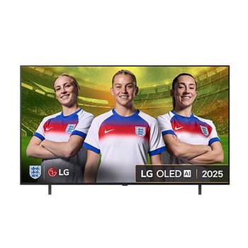 Front view of LG OLED AI B5 4K Smart TV. 12 Years of world number 1 OLED emblem and LG OLED AI 2025 logo are on the screen.