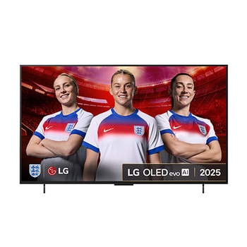 Front view of LG OLED evo AI C5 4K Smart TV. 12 Years of world number 1 OLED emblem and LG OLED evo AI 2025 logo are on the screen.