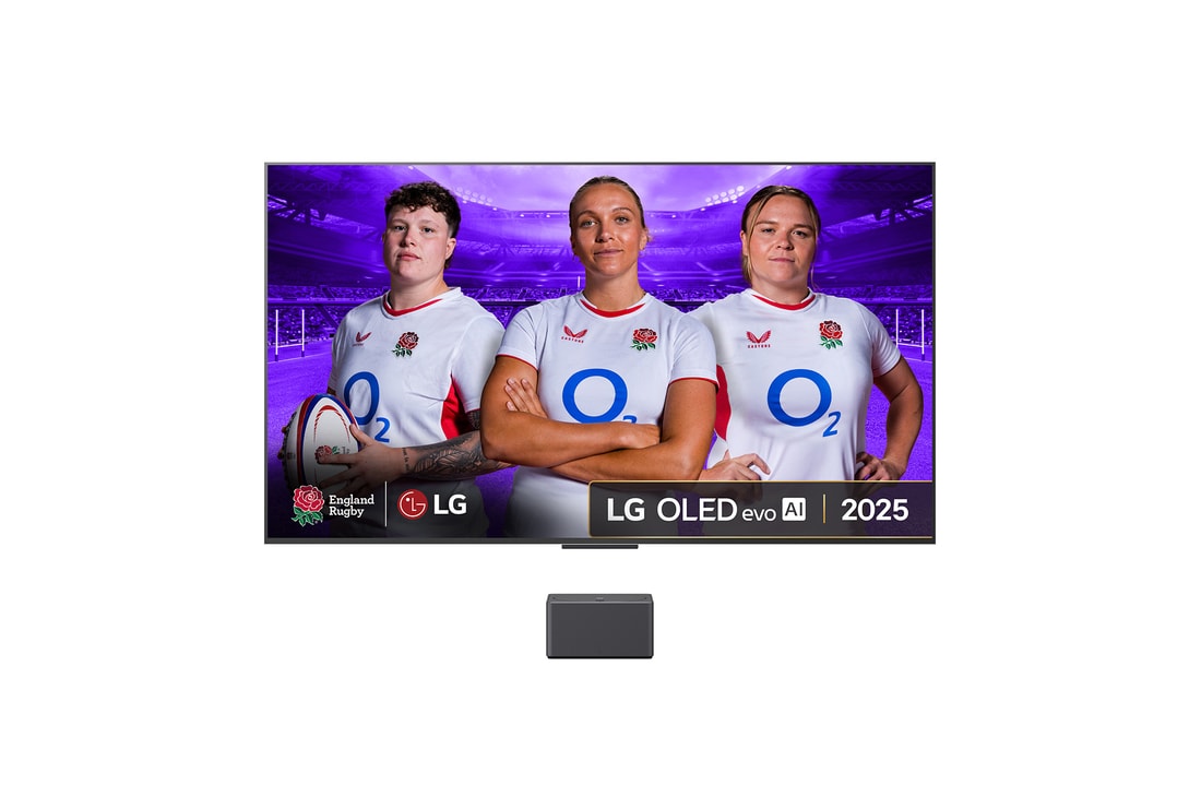 Front view of LG OLED M5 Signature TV. 12 Years of world number 1 OLED emblem and LG Signature OLED M logo are on the screen. Zero Connect Box in the corner with the title, Zero Connect Box with 4K 144Hz wireless video & audio transfer