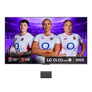 Front view of LG OLED M5 Signature TV. 12 Years of world number 1 OLED emblem and LG Signature OLED M logo are on the screen. Zero Connect Box in the corner with the title, Zero Connect Box with 4K 144Hz wireless video & audio transfer