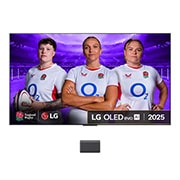 Front view of LG OLED M5 Signature TV. 12 Years of world number 1 OLED emblem and LG Signature OLED M logo are on the screen. Zero Connect Box in the corner with the title, Zero Connect Box with 4K 144Hz wireless video & audio transfer
