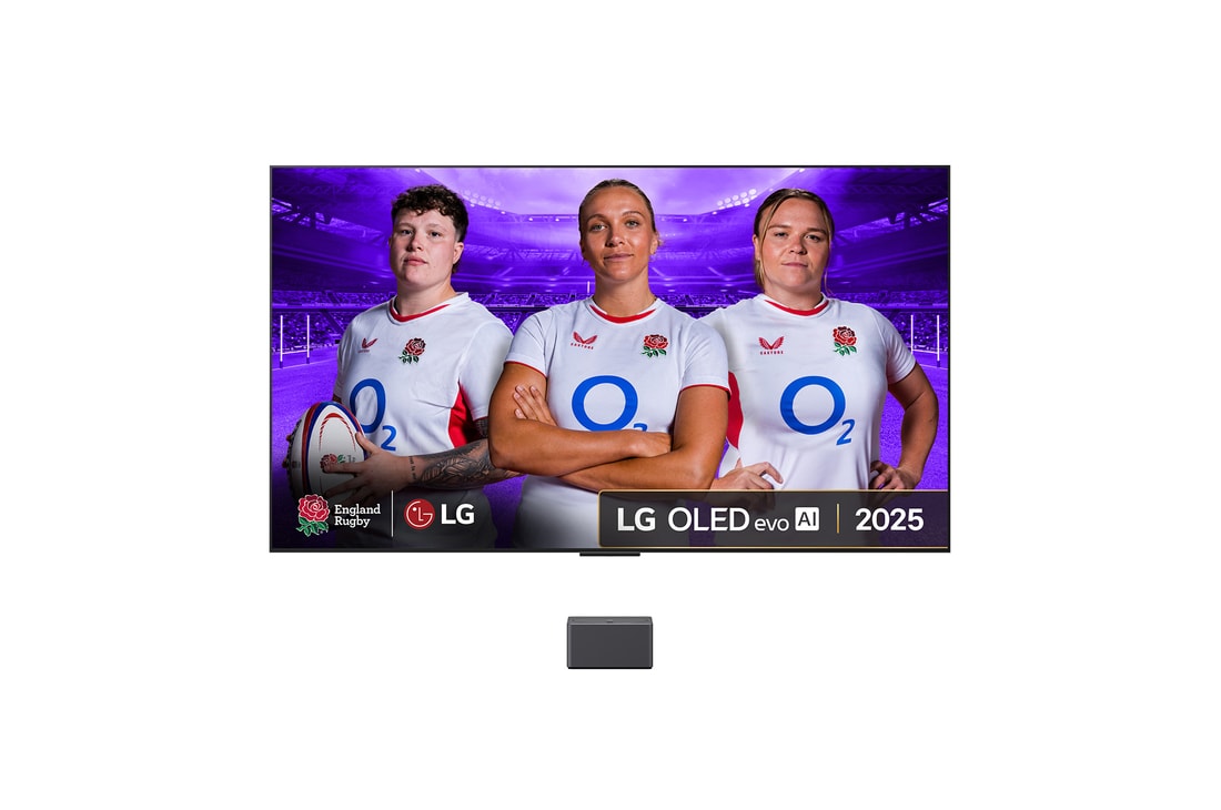 Front view of LG OLED M5 Signature TV. 12 Years of world number 1 OLED emblem and LG Signature OLED M logo are on the screen. Zero Connect Box in the corner with the title, Zero Connect Box with 4K 144Hz wireless video & audio transfer