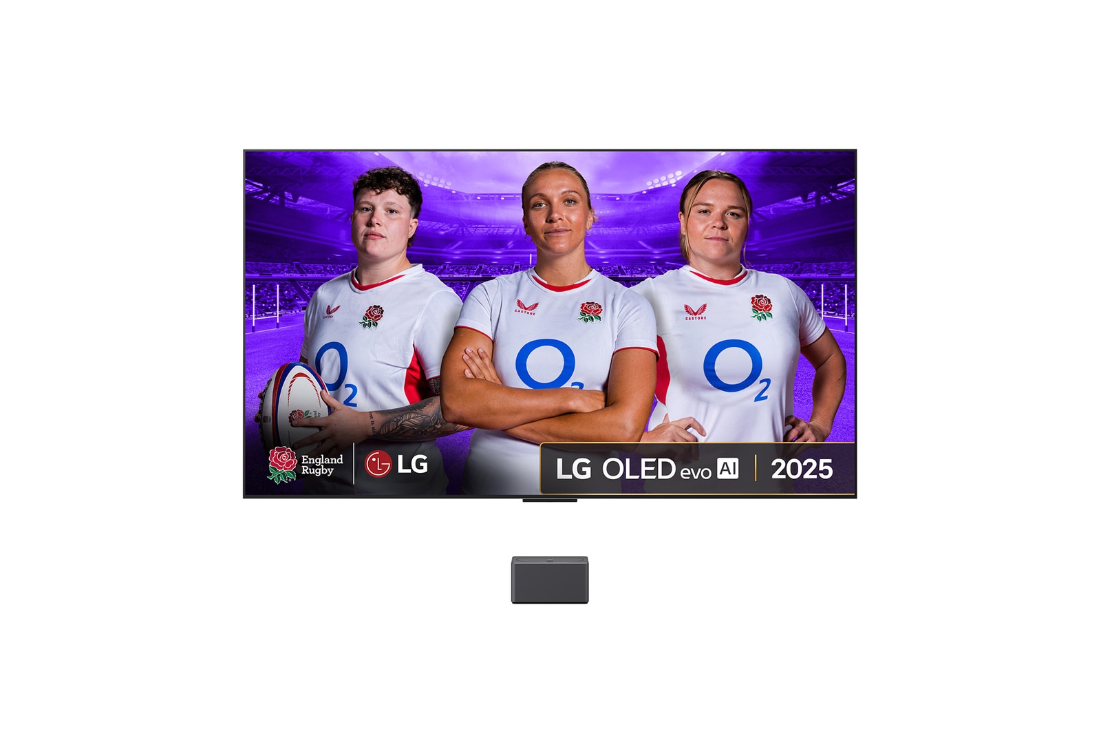 Front view of LG OLED M5 Signature TV. 12 Years of world number 1 OLED emblem and LG Signature OLED M logo are on the screen. Zero Connect Box in the corner with the title, Zero Connect Box with 4K 144Hz wireless video & audio transfer