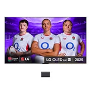 Front view of LG OLED M5 Signature TV. 12 Years of world number 1 OLED emblem and LG Signature OLED M logo are on the screen. Zero Connect Box in the corner with the title, Zero Connect Box with 4K 144Hz wireless video & audio transfer