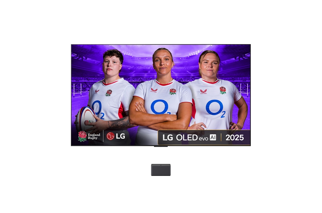 Front view of LG OLED M5 Signature TV. 12 Years of world number 1 OLED emblem and LG Signature OLED M logo are on the screen. Zero Connect Box in the corner with the title, Zero Connect Box with 4K 144Hz wireless video & audio transfer