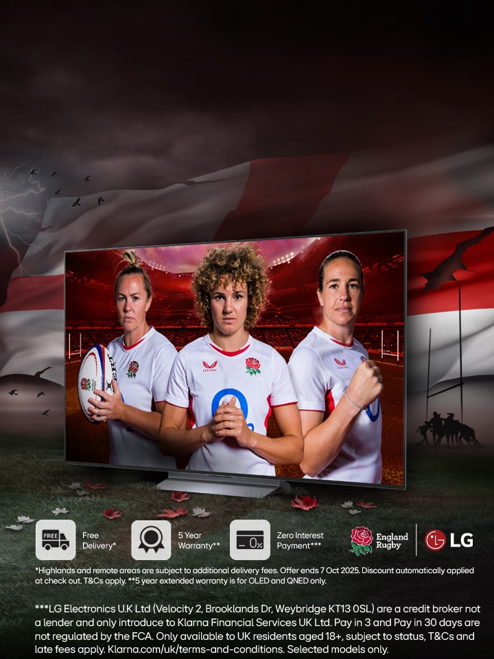 lg oled tv on a pedestal with 3 female rugby players as a screenfill with promo message to buy a tv and receive a free soundbar worth up to £999