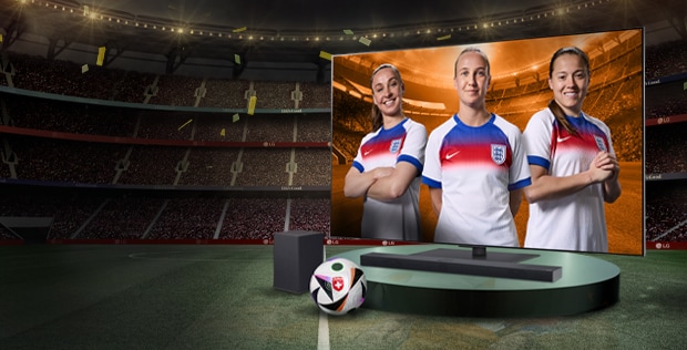 lg oled tv on a pedestal with 3 female football players as a screenfill with promo message to buy a tv and receive a free soundbar worth up to £999