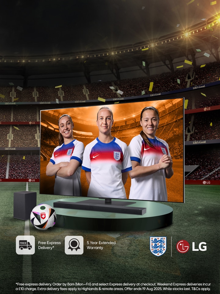 lg oled tv on a pedestal with 3 female football players as a screenfill with promo message to buy a tv and receive a free soundbar worth up to £999