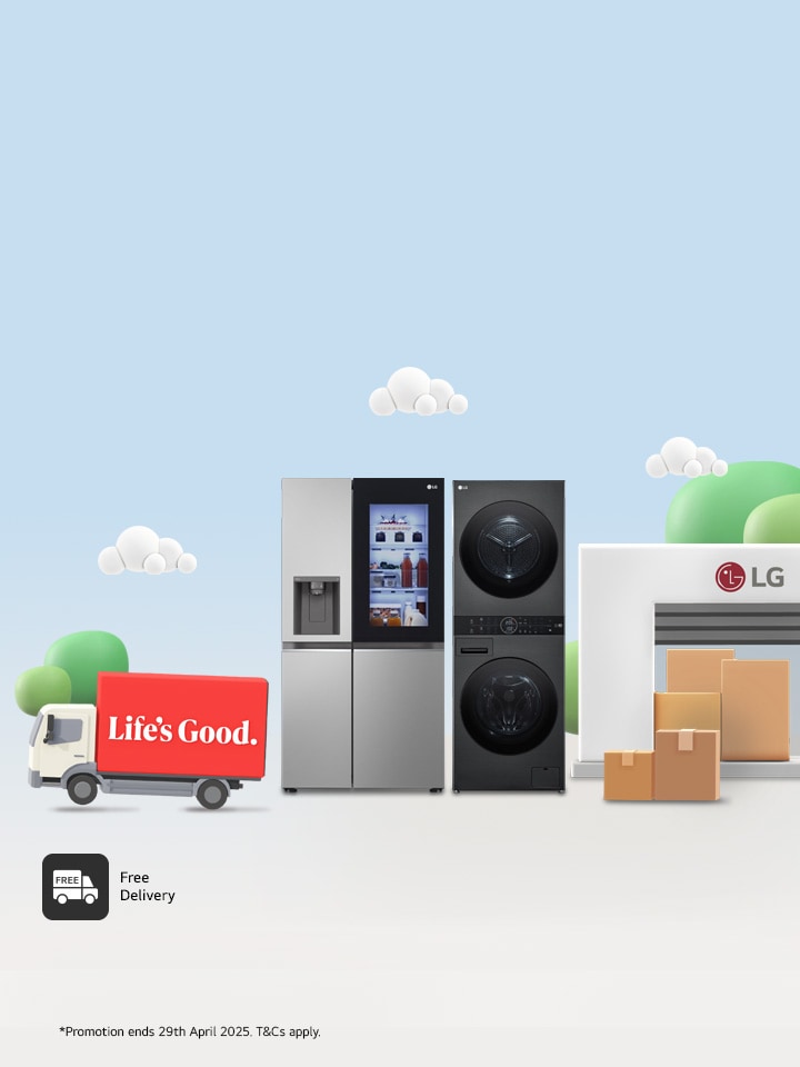 LG Home Appliances outside an LG shop with an LG truck driving away