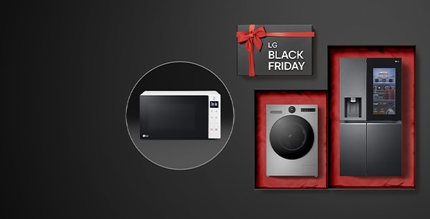 LG Home Appliances are placed in a dark grey room, with an LG microwave in a bubble