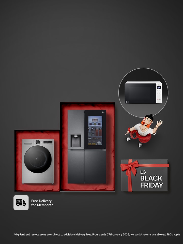 LG washing machine and instaview fridge freezer with black Friday copy above then and a white microwave highlighted with a circle to complement to promotional copy when a customer receives a free microwave with selected home appliances