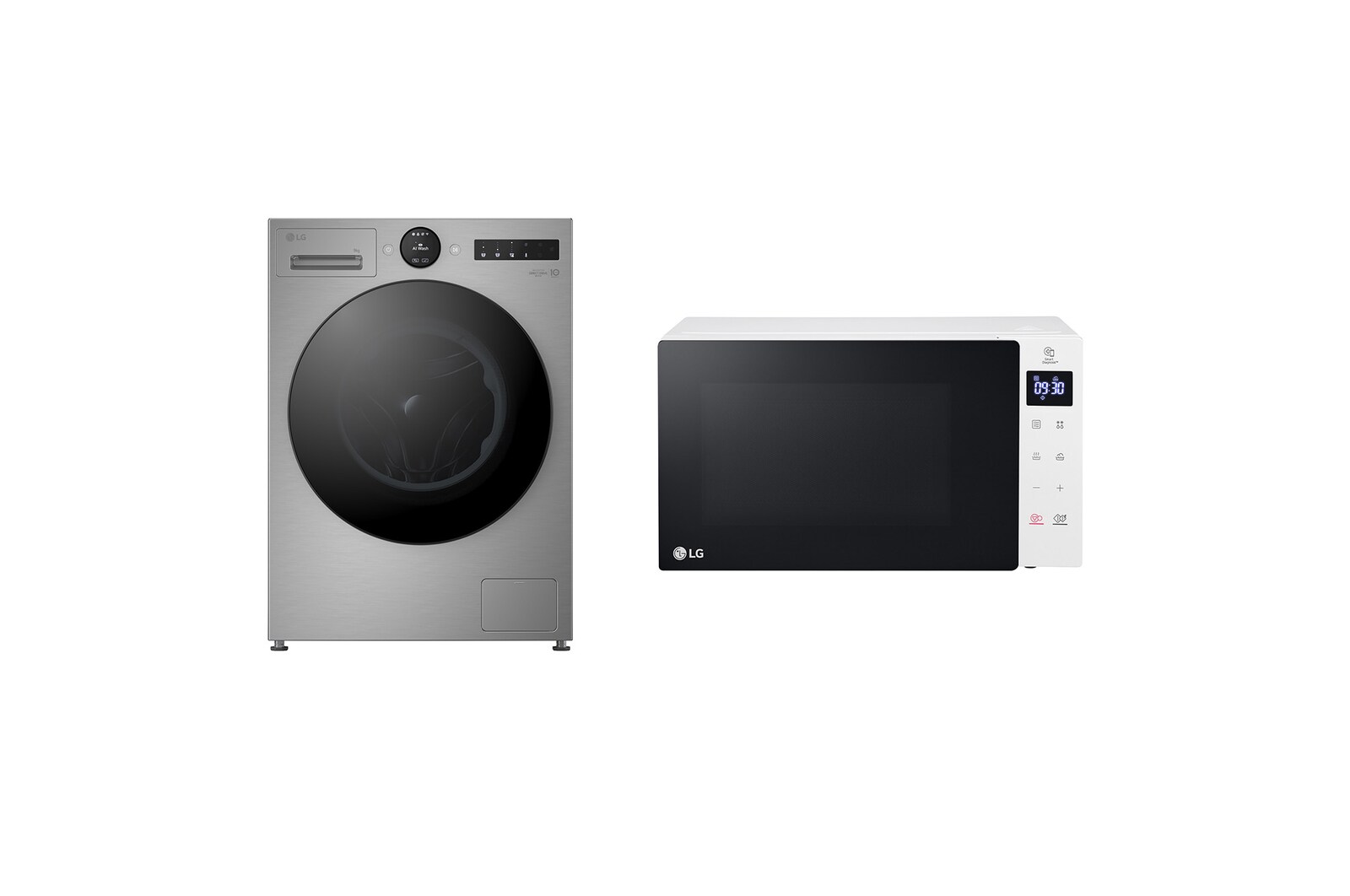 Front view of 9kg 1400 spin AI Direct Drive Washing Machine & 20L 700W NeoChef™ Slim Microwave Oven Bundle F4X7009TSB.MS2032