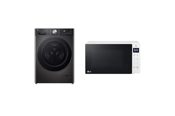 Front view of 13kg Washing Machine Platinum Black & 20L 700W Slim Microwave, White