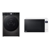 Front view of 11kg / 6kg DUAL Dry™ Washer Dryer Platinum Black & 20L 700W Slim Microwave Oven White