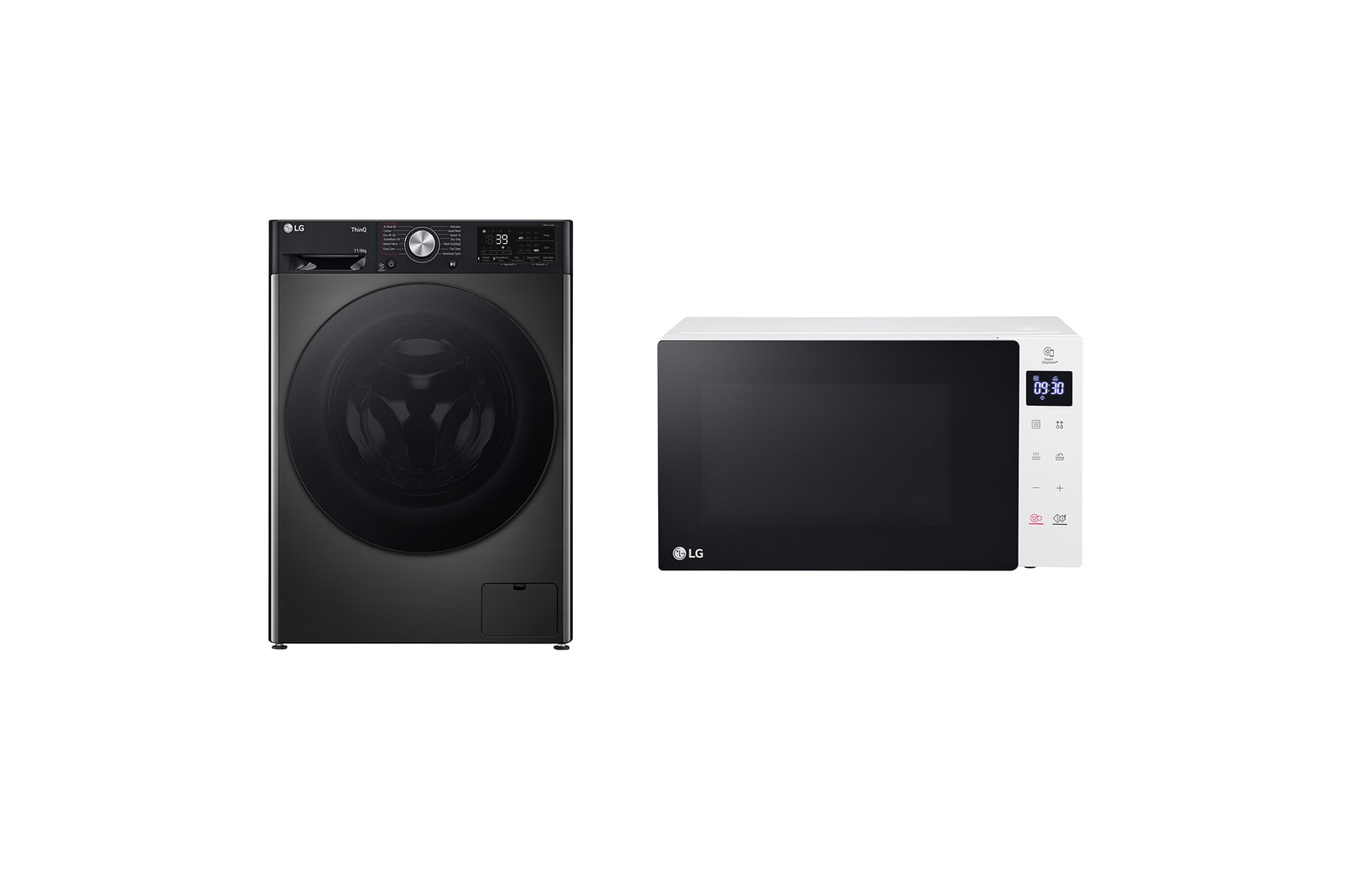 Front view of 11kg / 6kg DUAL Dry™ Washer Dryer Platinum Black & 20L 700W Slim Microwave Oven White