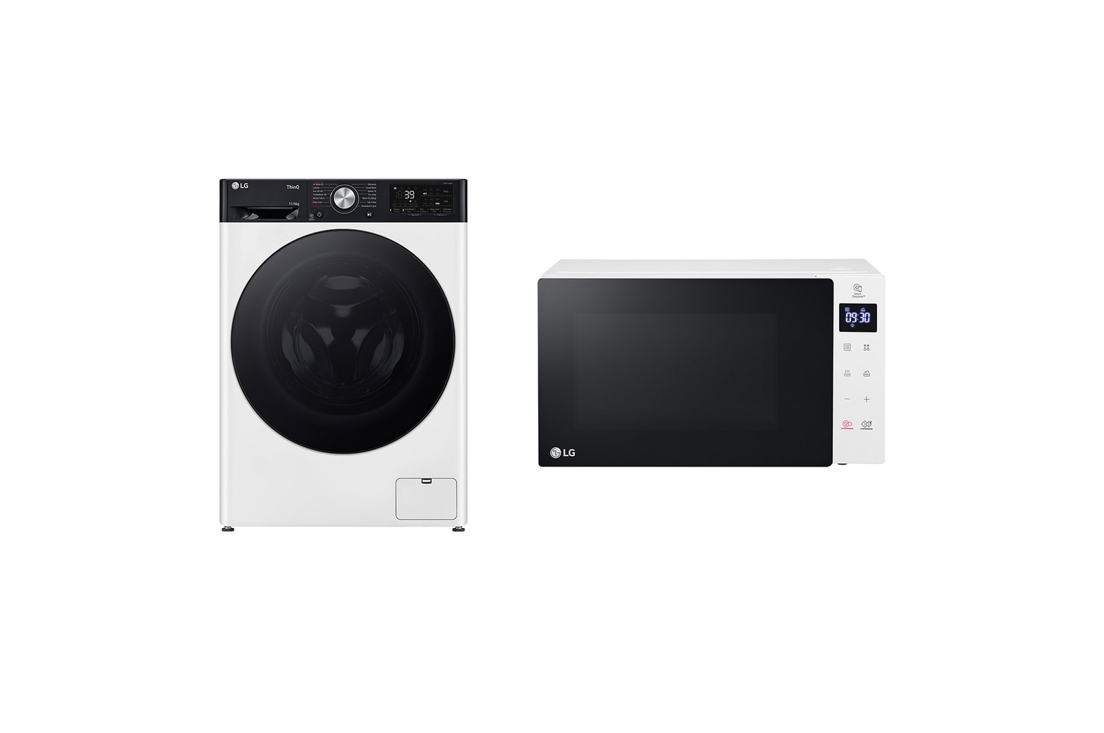Front view of F11kg / 6kg Washer Dryer White & 20L 700W Slim Microwave Oven White