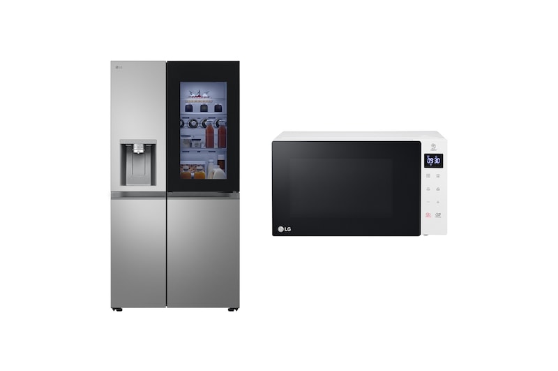 Front view of 628L InstaView™ Side-By-Side Refrigerator Prime Silver & Slim Microwave White
