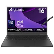 Front view of 16" LG gram Pro 2in1 Laptop, 32GB RAM, Intel® Core™ Ultra Processor, gram Hybrid AI, Obsidian Black with stylus pen
