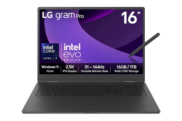 Front view of 16" LG gram Pro 2in1 Laptop, 32GB RAM, Intel® Core™ Ultra Processor, gram Hybrid AI, Obsidian Black with stylus pen