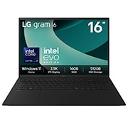 Front view of 16" LG gram Laptop, 16GB RAM, Intel® Core™ Ultra Processor, gram Hybrid AI, Obsidian Black with green swirl on screen