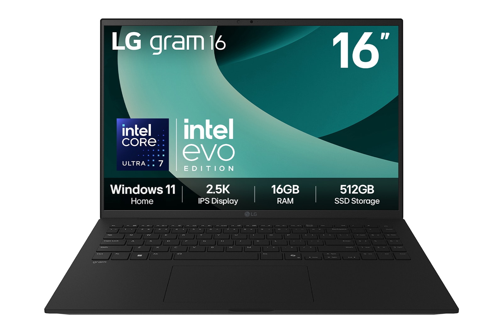 Front view of 16" LG gram Laptop, 16GB RAM, Intel® Core™ Ultra Processor, gram Hybrid AI, Obsidian Black with green swirl on screen